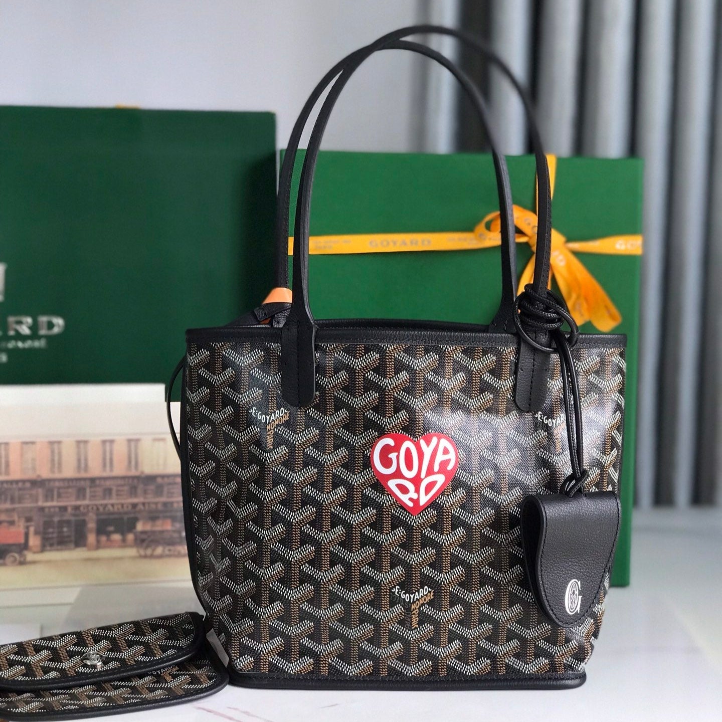 ANJOU MINI BAG 20 IN BLACK CALFSKIN AND GOYARDINE CANVAS