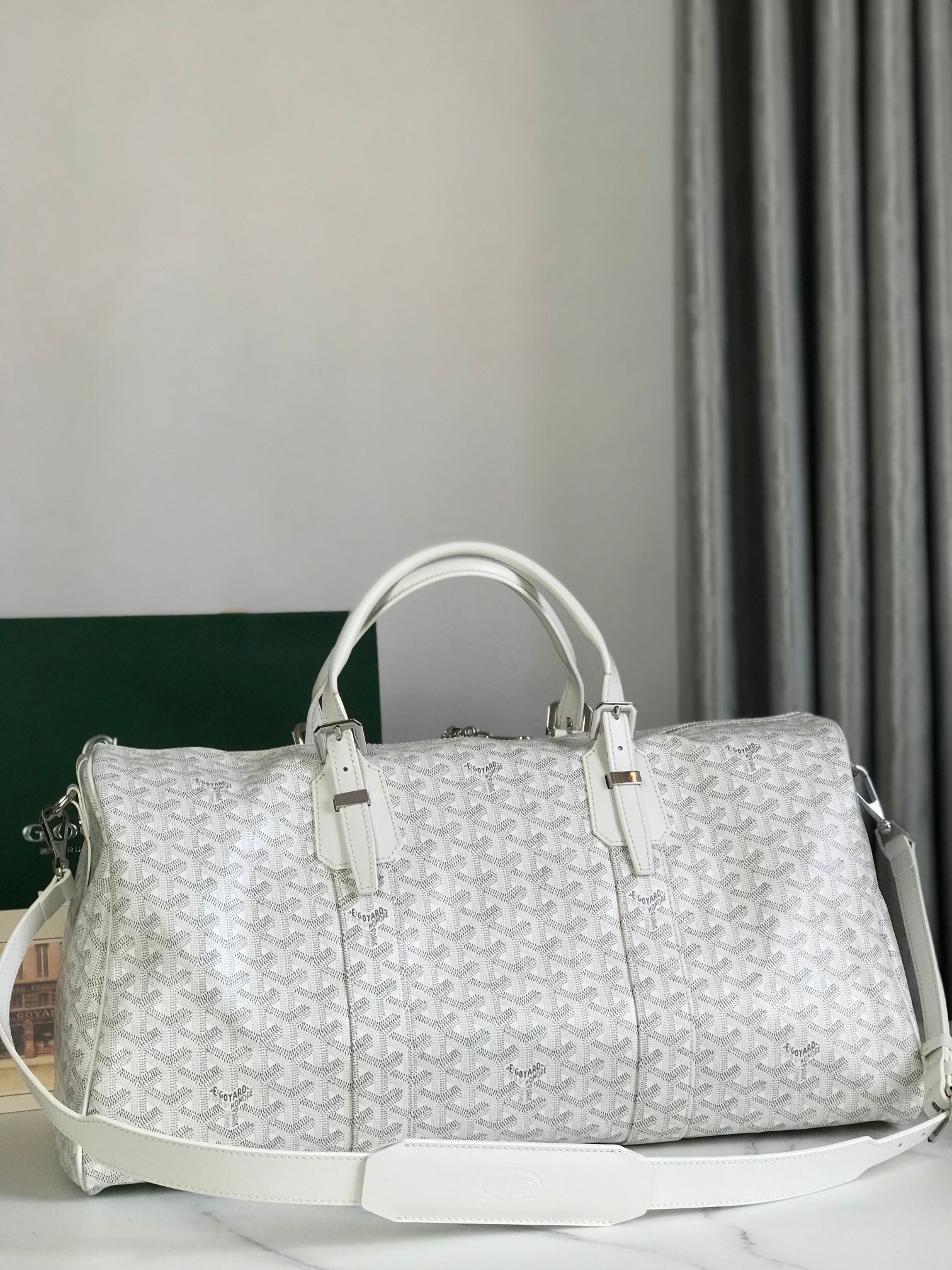 White Boston 50 Travel Bag – Premium Canvas & Calfskin Trim