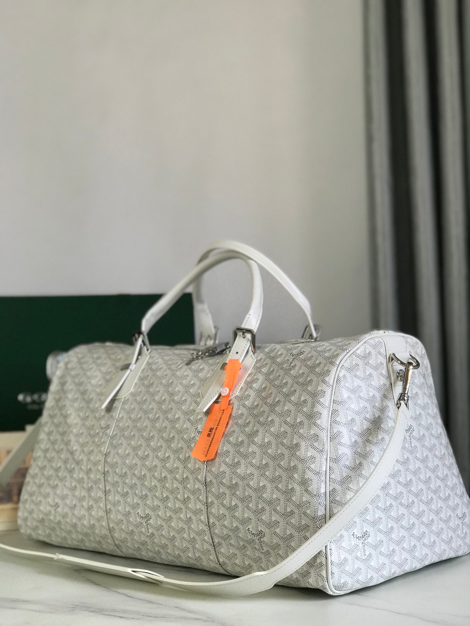 White Boston 50 Travel Bag – Premium Canvas & Calfskin Trim