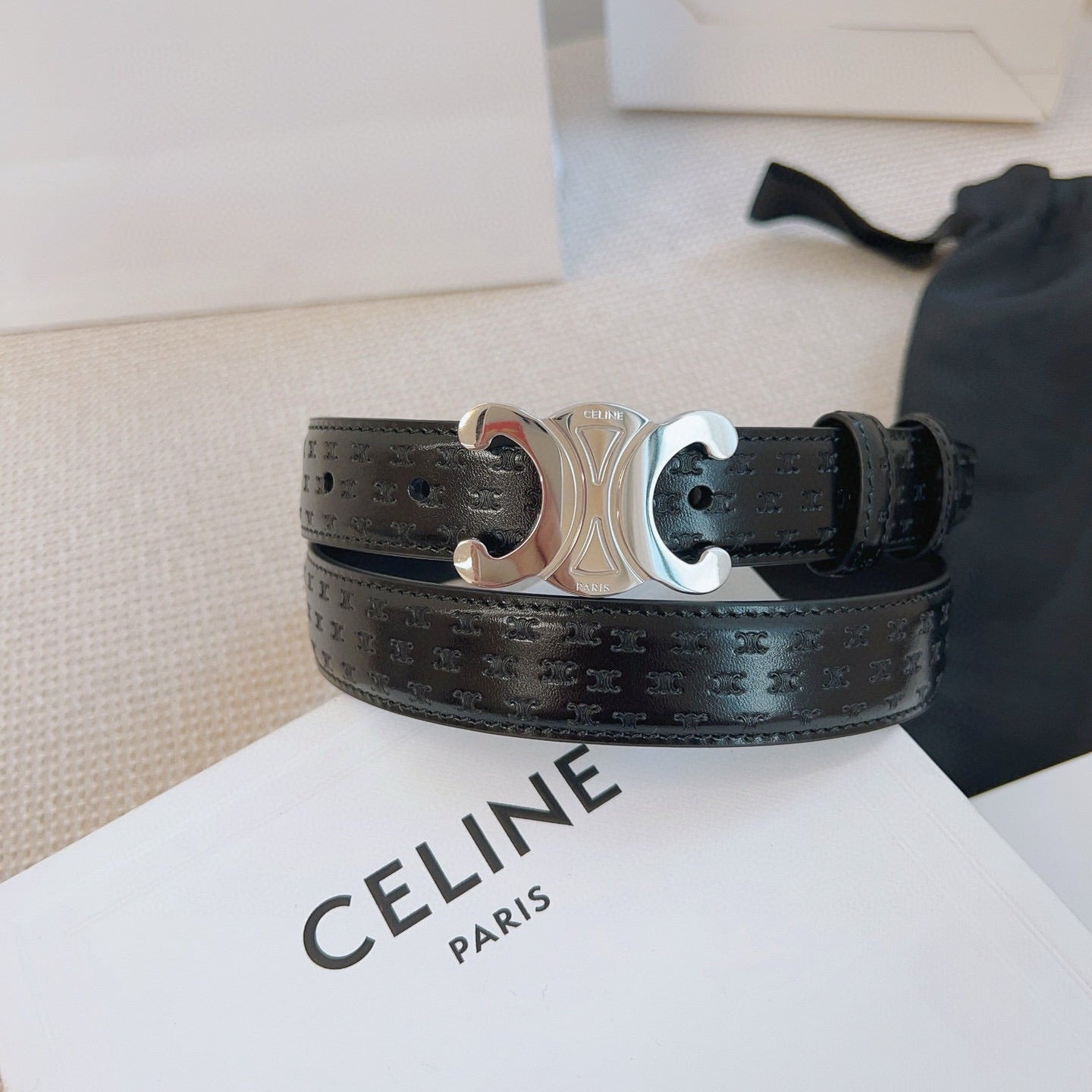Celine 25S Belt Triomphe 25Mm In Black Calfskin Debossed Logo 563329