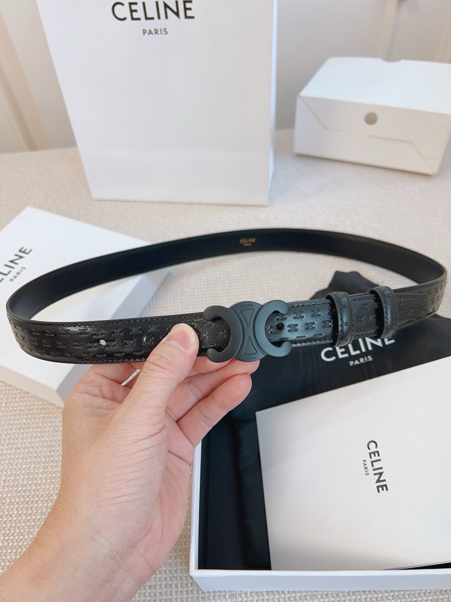 Celine 25S Belt Triomphe 25Mm In Black Calfskin Debossed Logo 563330