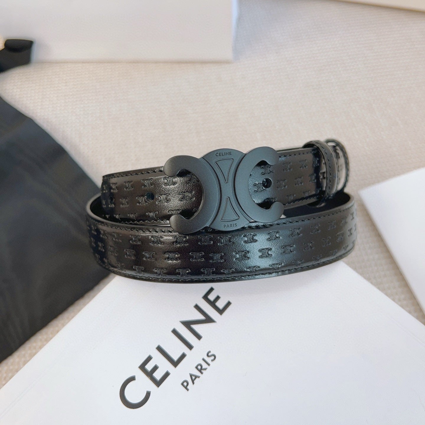 Celine 25S Belt Triomphe 25Mm In Black Calfskin Debossed Logo 563330