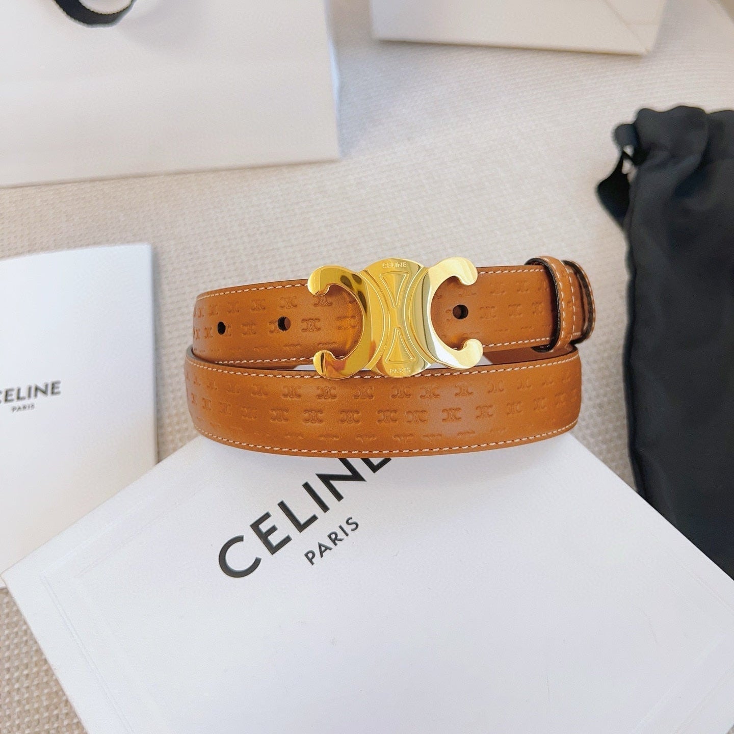 Celine 25S Belt Triomphe 25Mm In Light Brown Calfskin Debossed Logo 563331