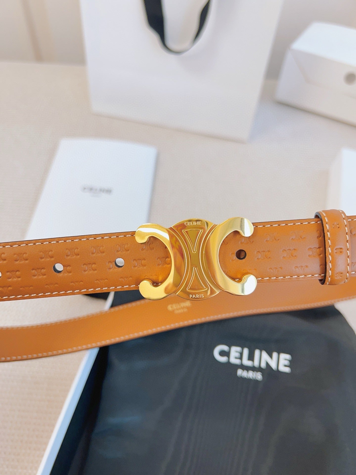 Celine 25S Belt Triomphe 25Mm In Light Brown Calfskin Debossed Logo 563331
