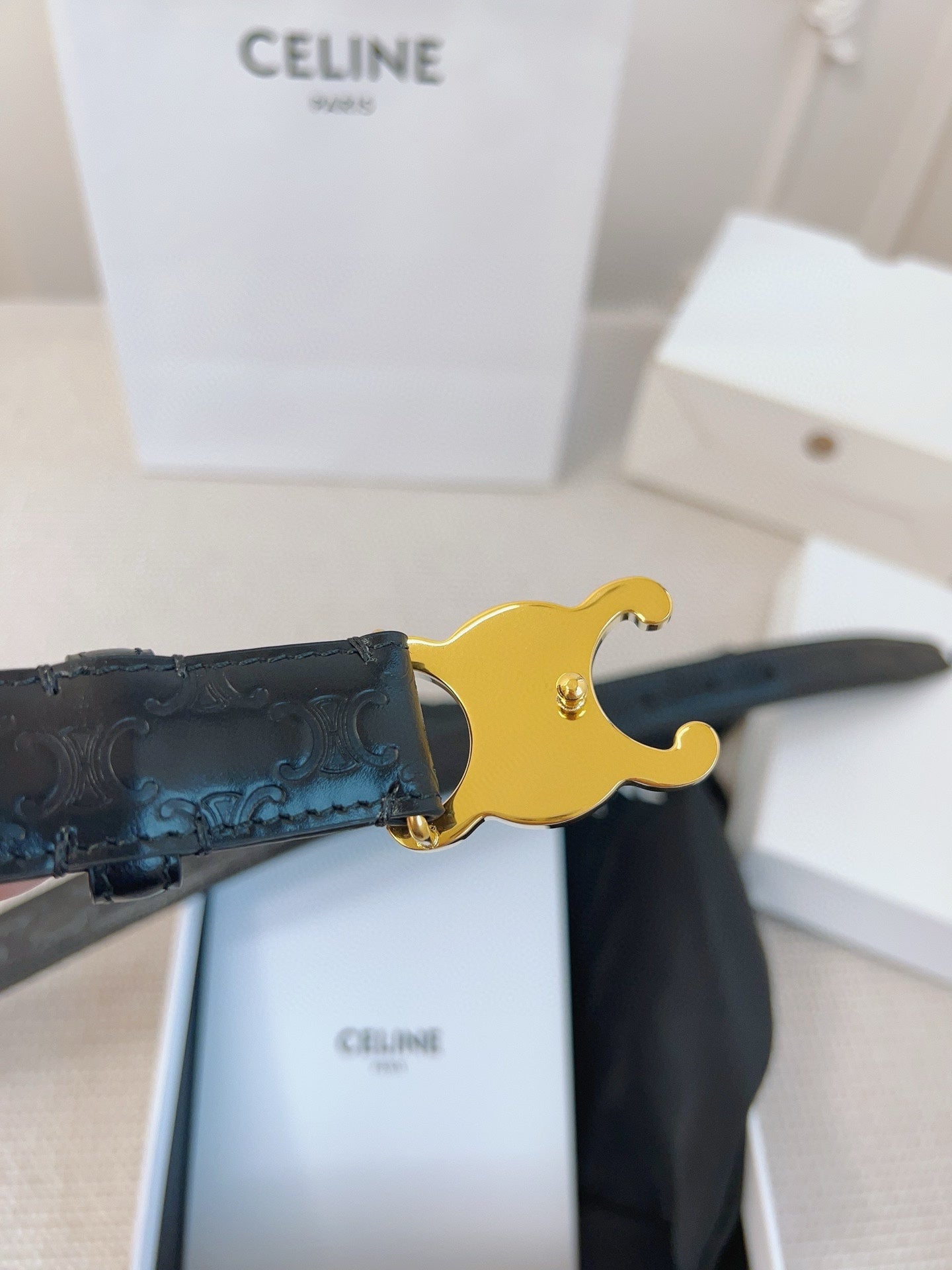 Celine 25S Belt 25Mm Triomphe In Black Calfskin Gold Hardware 563332