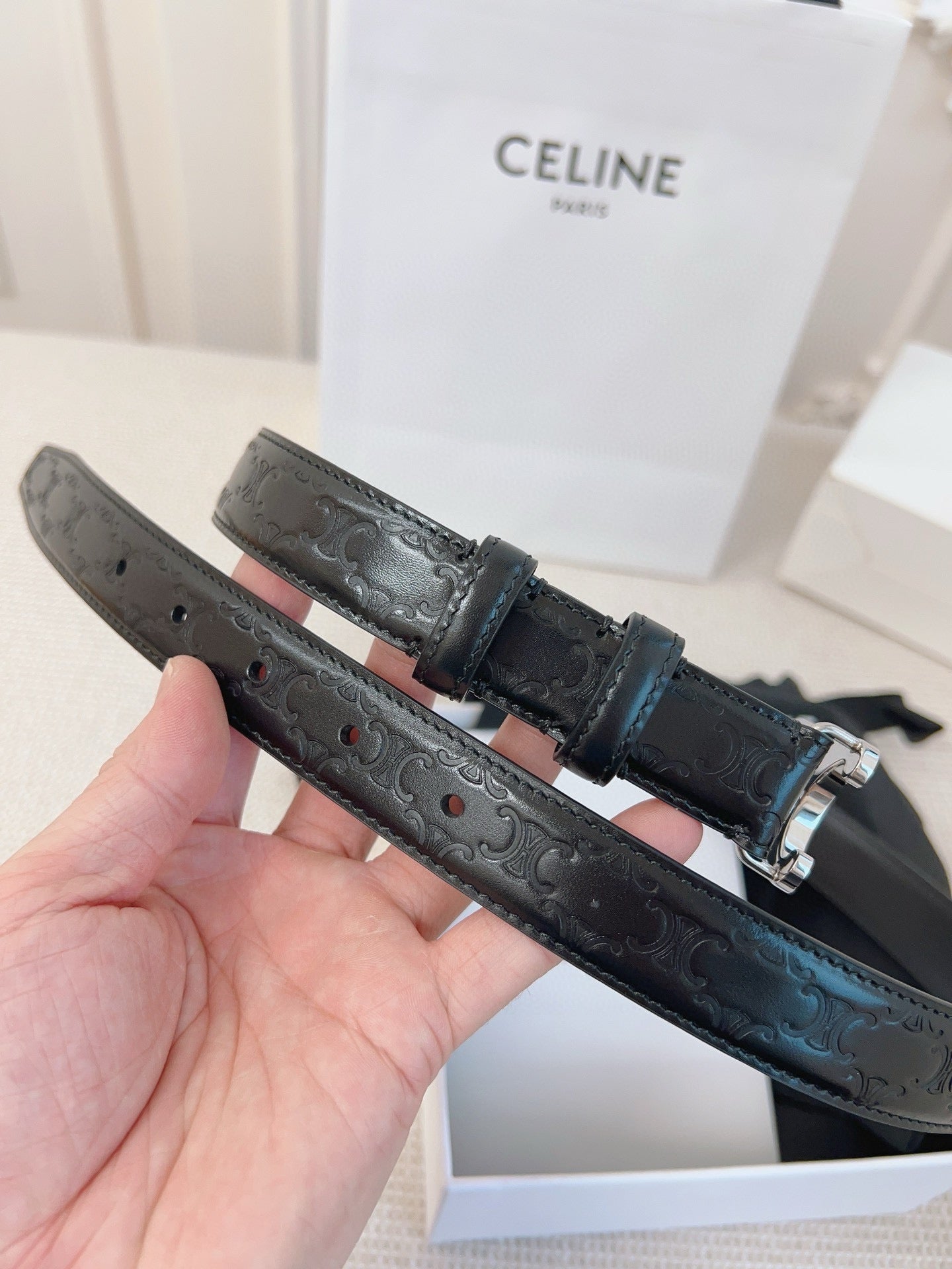 Celine 25S Belt 25Mm Triomphe In Black Calfskin Silver Hardware 563333