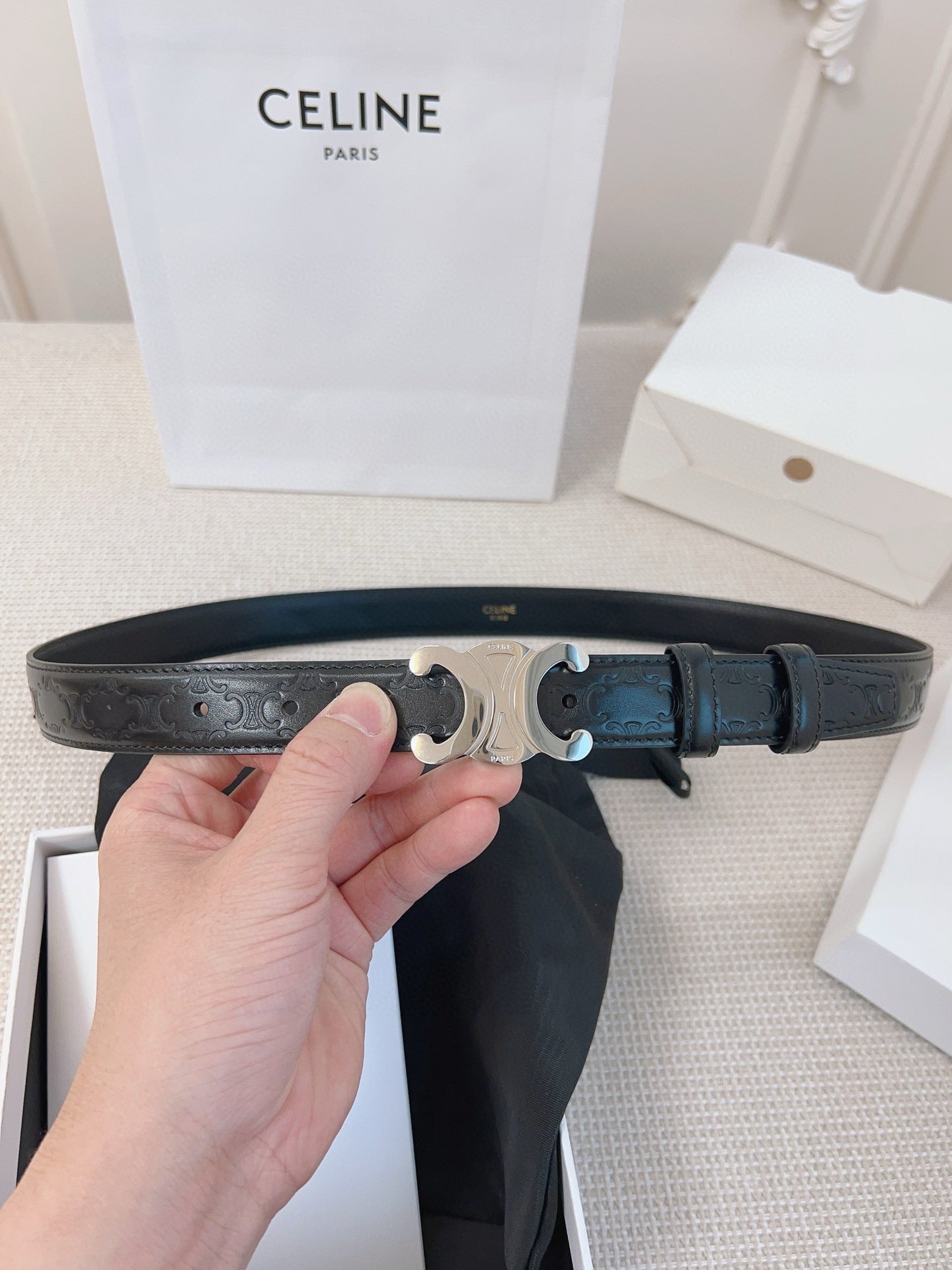 Celine 25S Belt 25Mm Triomphe In Black Calfskin Silver Hardware 563333