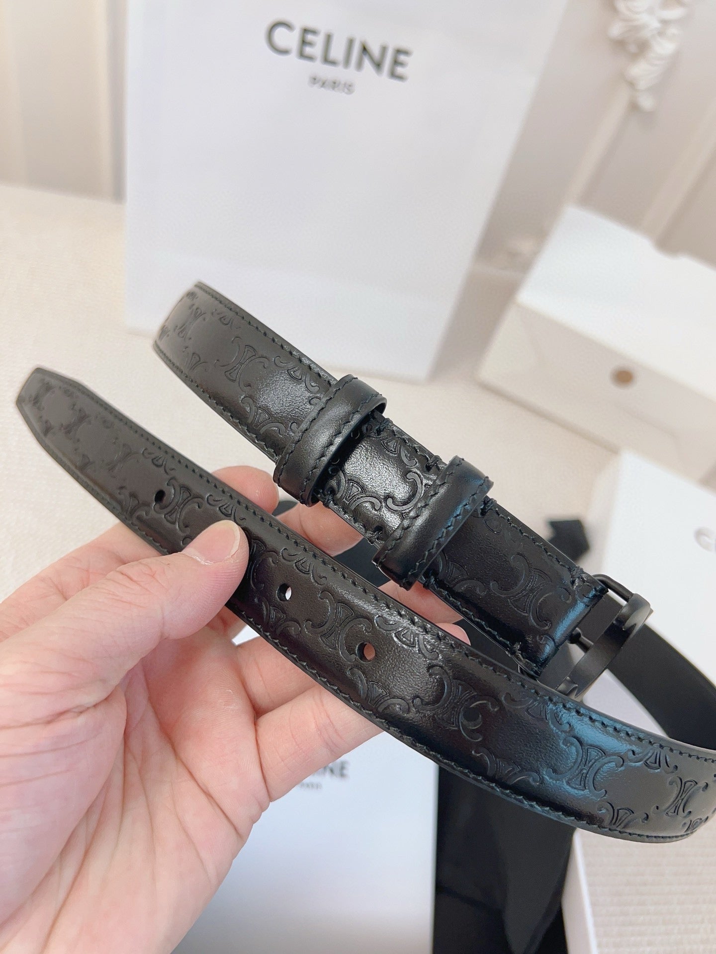 Celine 25S Belt 25Mm Triomphe In Black Calfskin 563334