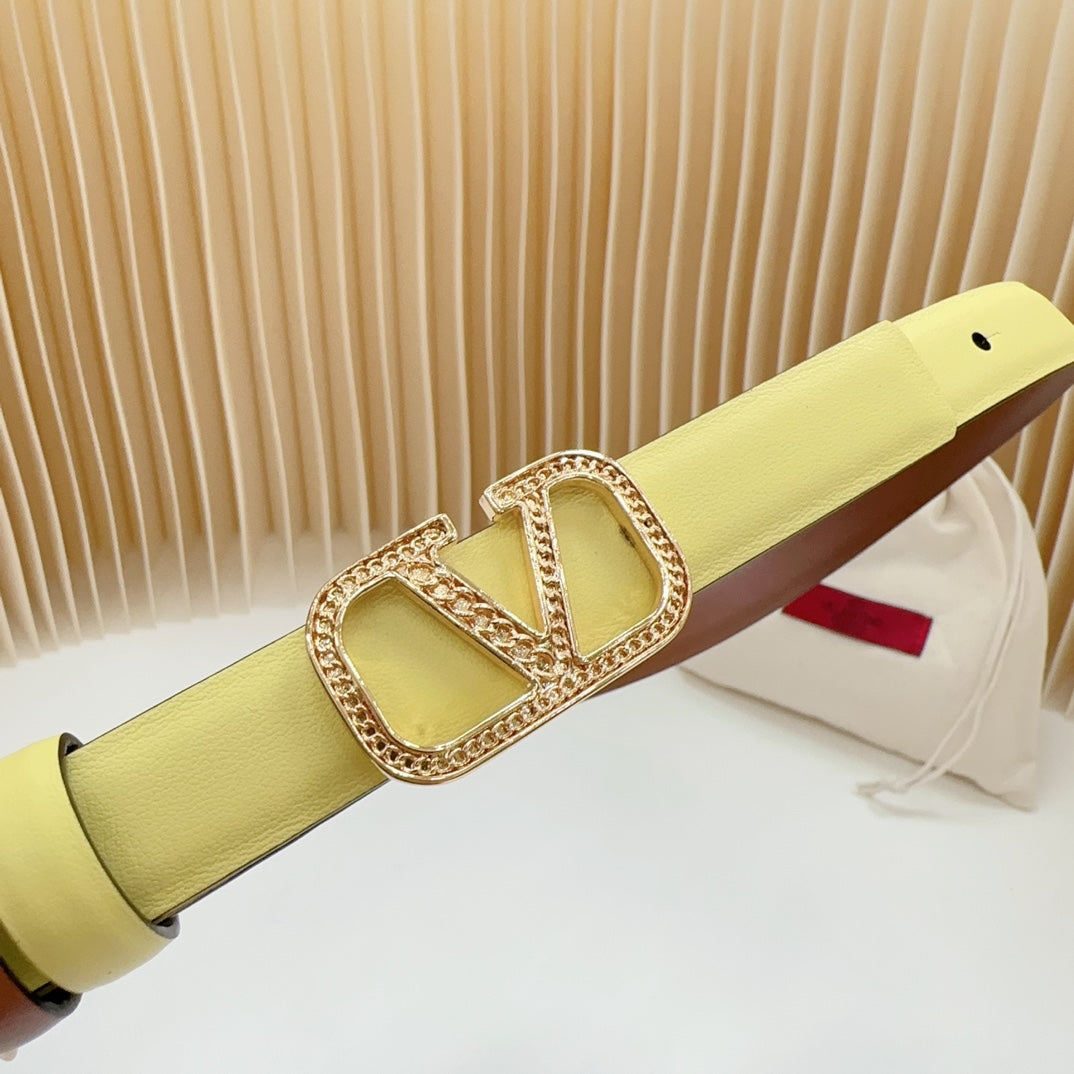 Vlogo Buckle Water Wave Gold Copper Glossy Brown Yellow Leather 20mm Belt