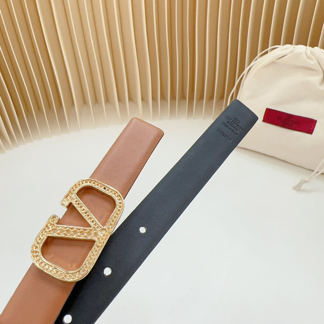 Vlogo Buckle Water Wave Gold Copper Glossy Brown Black Leather 20mm Belt