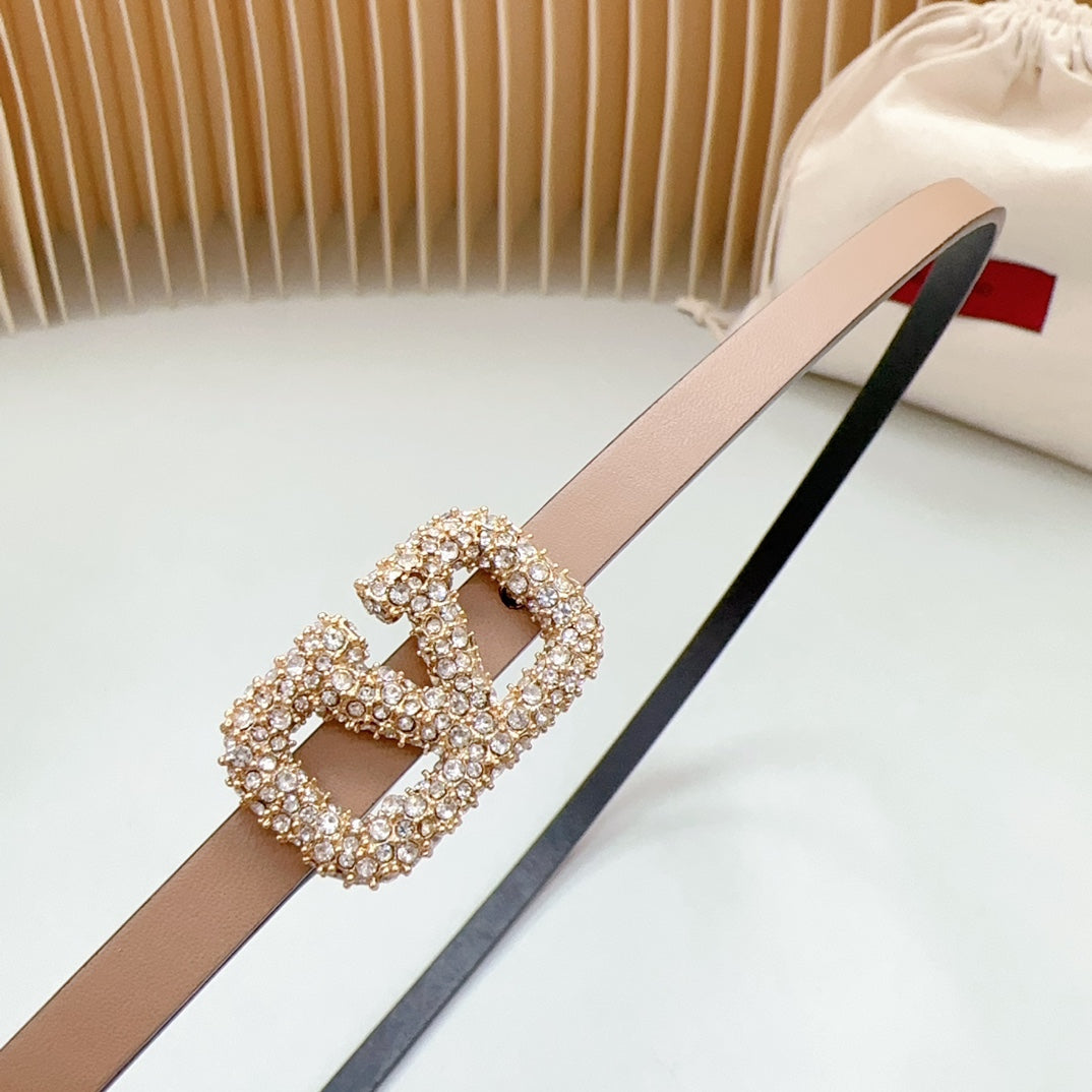 VL Belt 8mm Buckle Gold Diamond Leather Beige Black