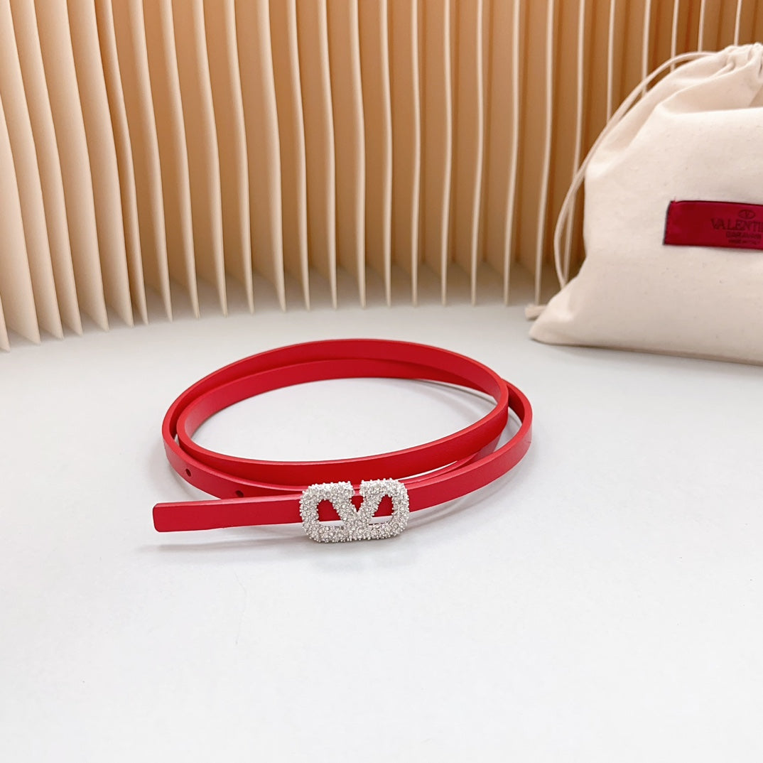 VL Belt 8mm Buckle Silver Diamond Leather Red