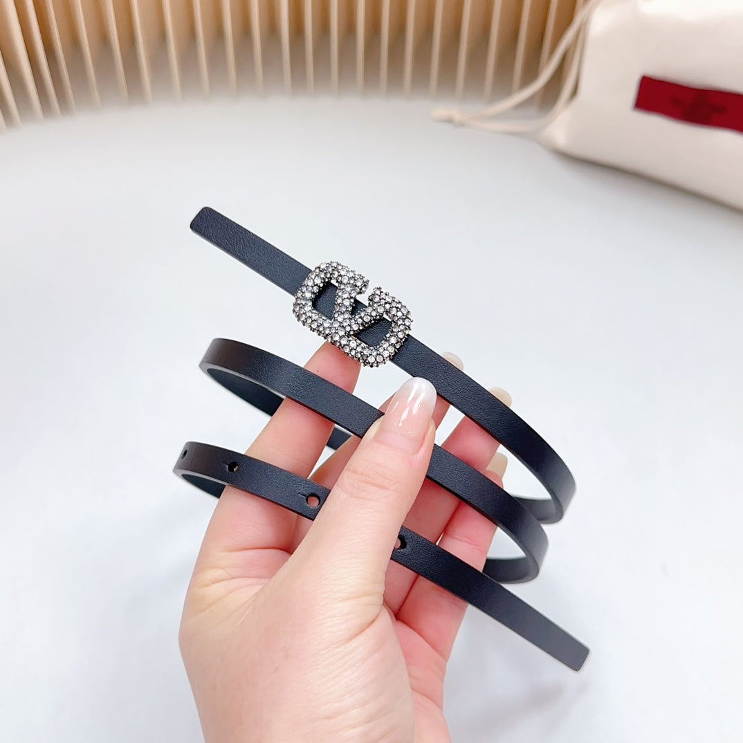 VL Belt 8mm Buckle Silver Diamond Leather Black