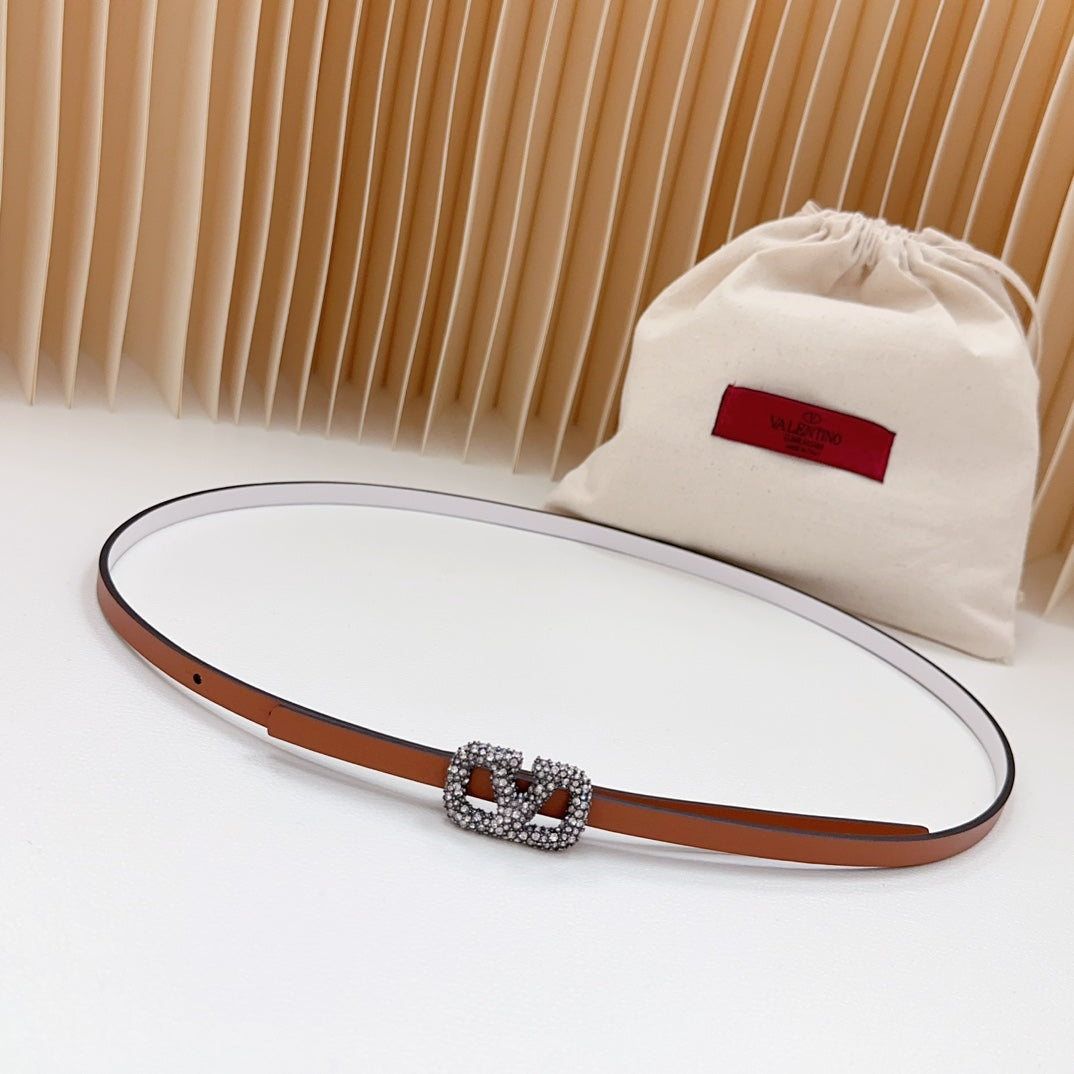 VL Belt 8mm Buckle Silver Diamond Leather Tan White