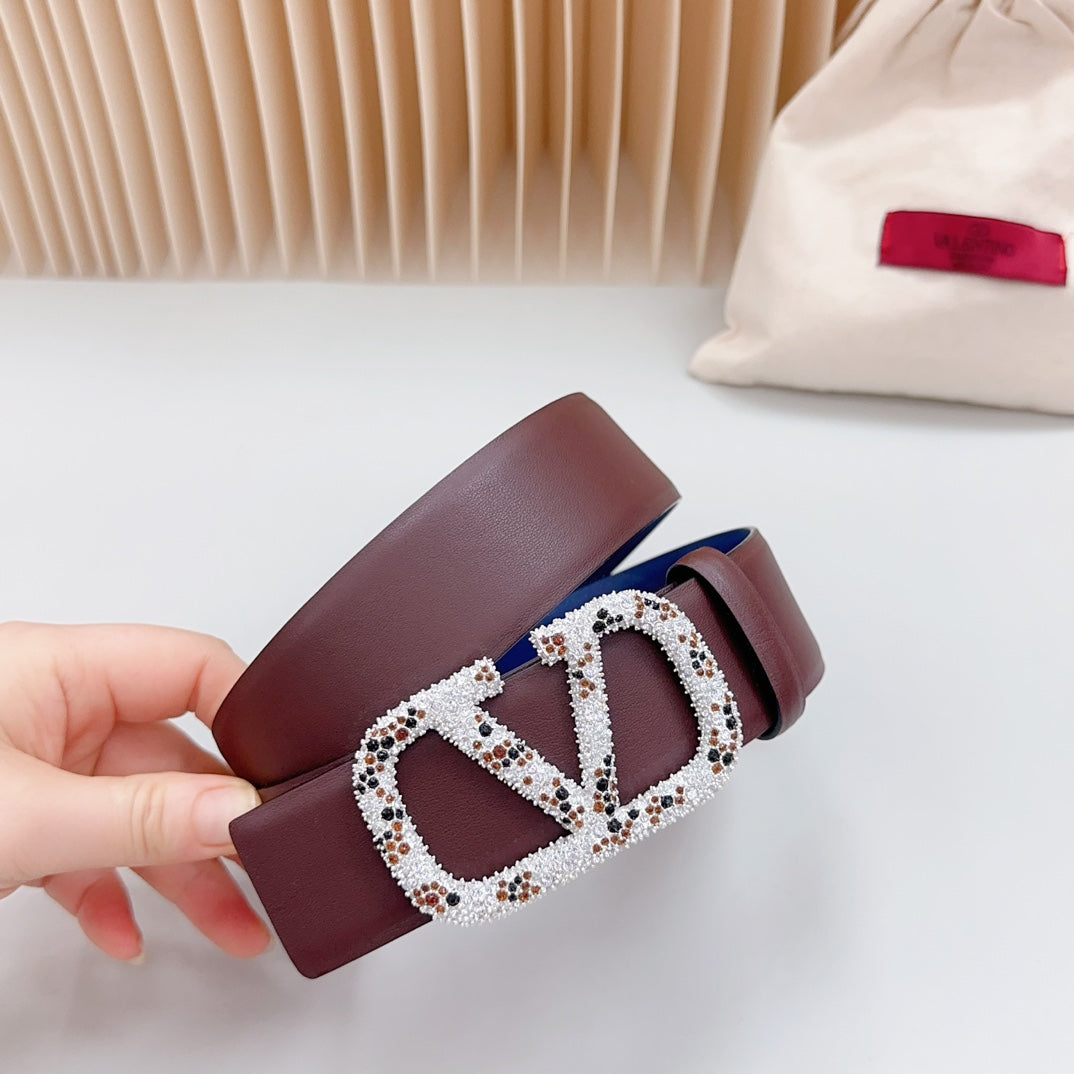 Vlogo Brown Black White Stone Silver Buckle Belt 40mm Chocolate Blue Leather