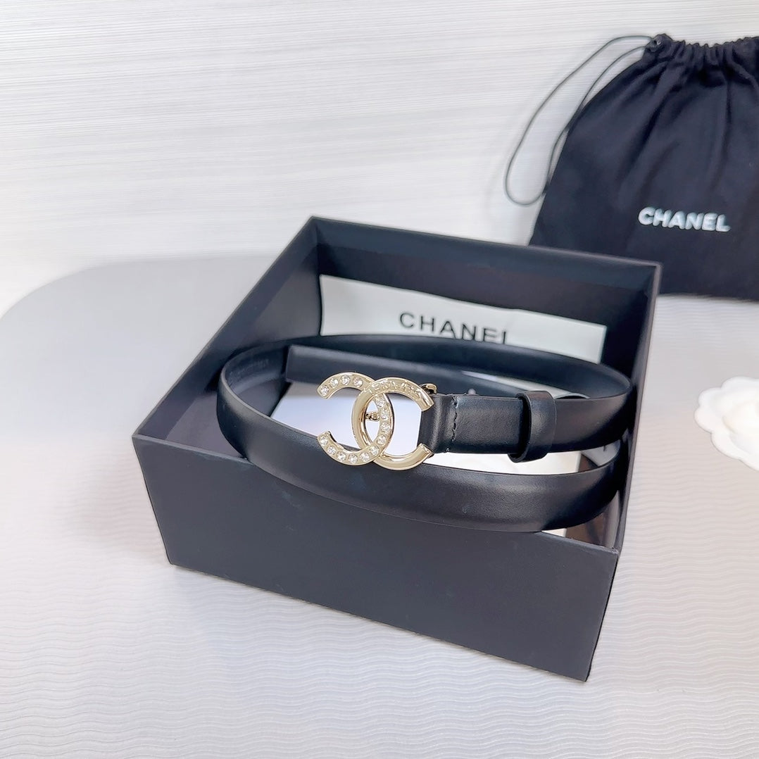 Cc Belt 20 Mm In Black Smooth Calfskin Gold Hardware Attach Rhinstone