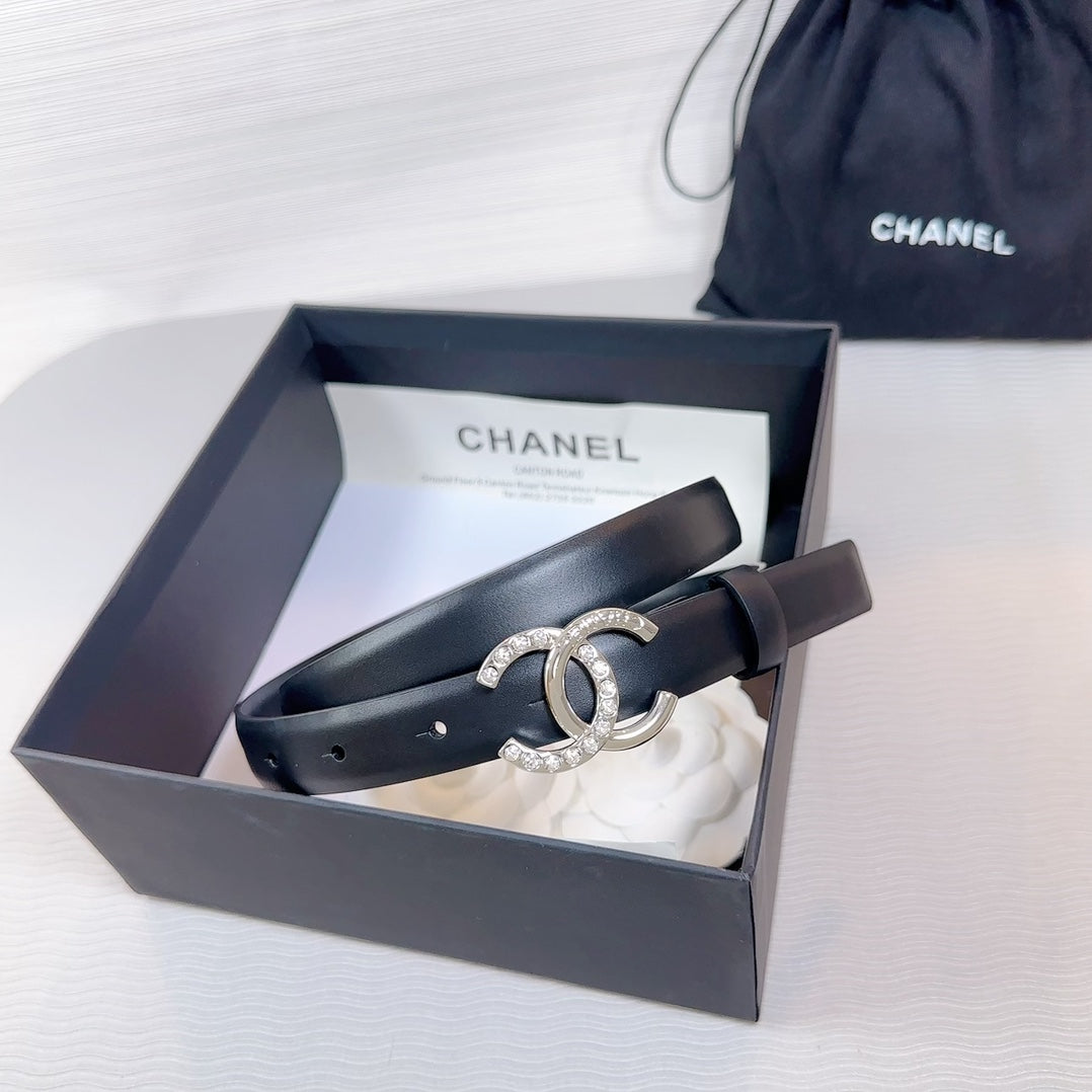 Cc Belt 20 Mm In Black Smooth Calfskin Silver Hardware Attach Rhinstone