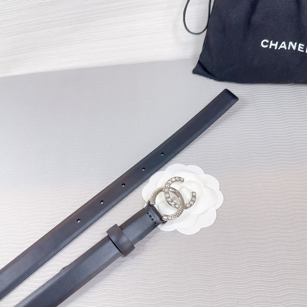 Cc Belt 20 Mm In Black Smooth Calfskin Silver Hardware Attach Rhinstone