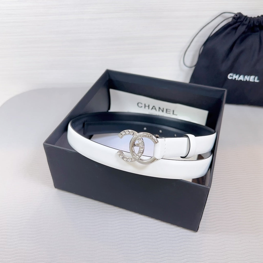 Cc Belt 20 Mm In White Smooth Calfskin Silver Hardware Attach Rhinstone
