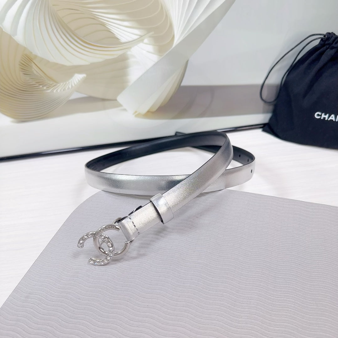 Cc Belt 20 Mm In Silver Smooth Calfskin Silver Hardware Attach Rhinstone