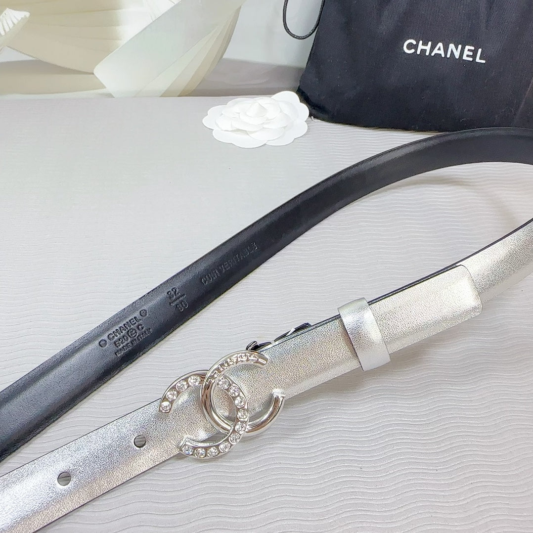 Cc Belt 20 Mm In Silver Smooth Calfskin Silver Hardware Attach Rhinstone