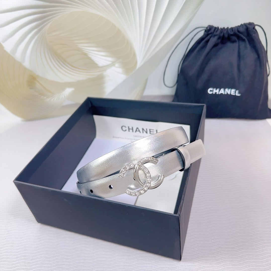 Cc Belt 20 Mm In Silver Smooth Calfskin Silver Hardware Attach Rhinstone