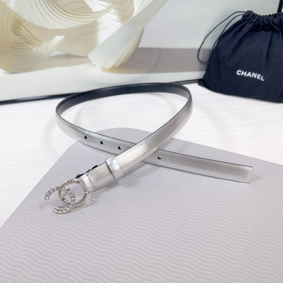 Cc Belt 20 Mm In Silver Smooth Calfskin Silver Hardware Attach Rhinstone