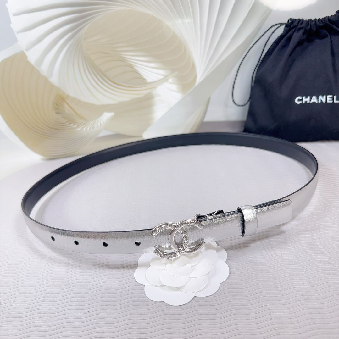 Cc Belt 20 Mm In Silver Smooth Calfskin Silver Hardware Attach Rhinstone