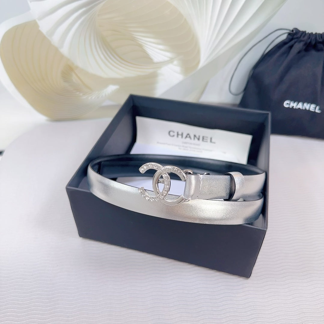 Cc Belt 20 Mm In Silver Smooth Calfskin Silver Hardware Attach Rhinstone