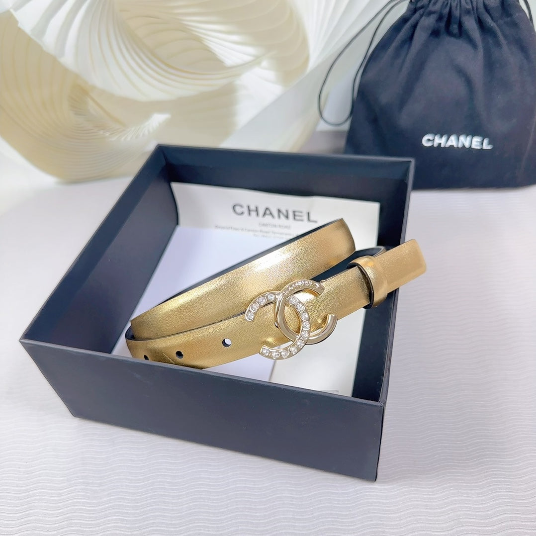 Cc Belt 20 Mm In Gold Smooth Calfskin Gold Hardware Attach Rhinstone