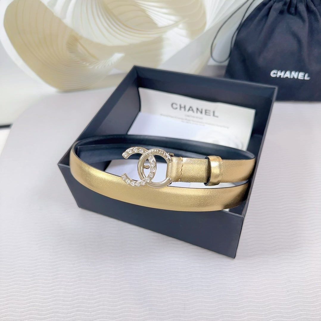 Cc Belt 20 Mm In Gold Smooth Calfskin Gold Hardware Attach Rhinstone