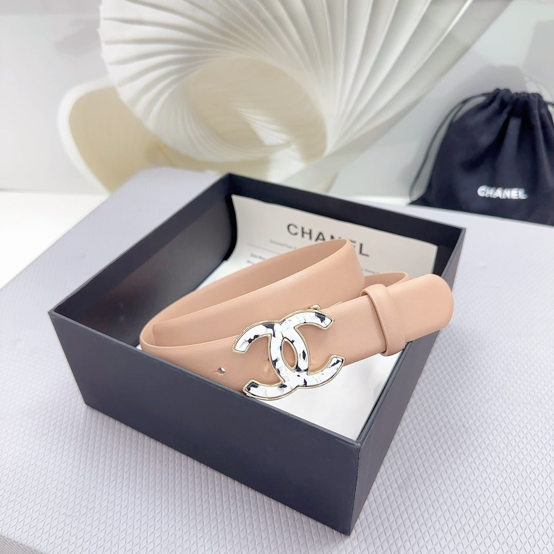 Cc 30Mm Belt In Almond Beige Shinny Calfskin White Logo