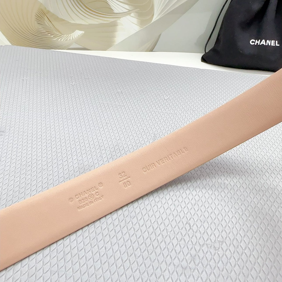 Cc 30Mm Belt In Almond Beige Shinny Calfskin White Logo