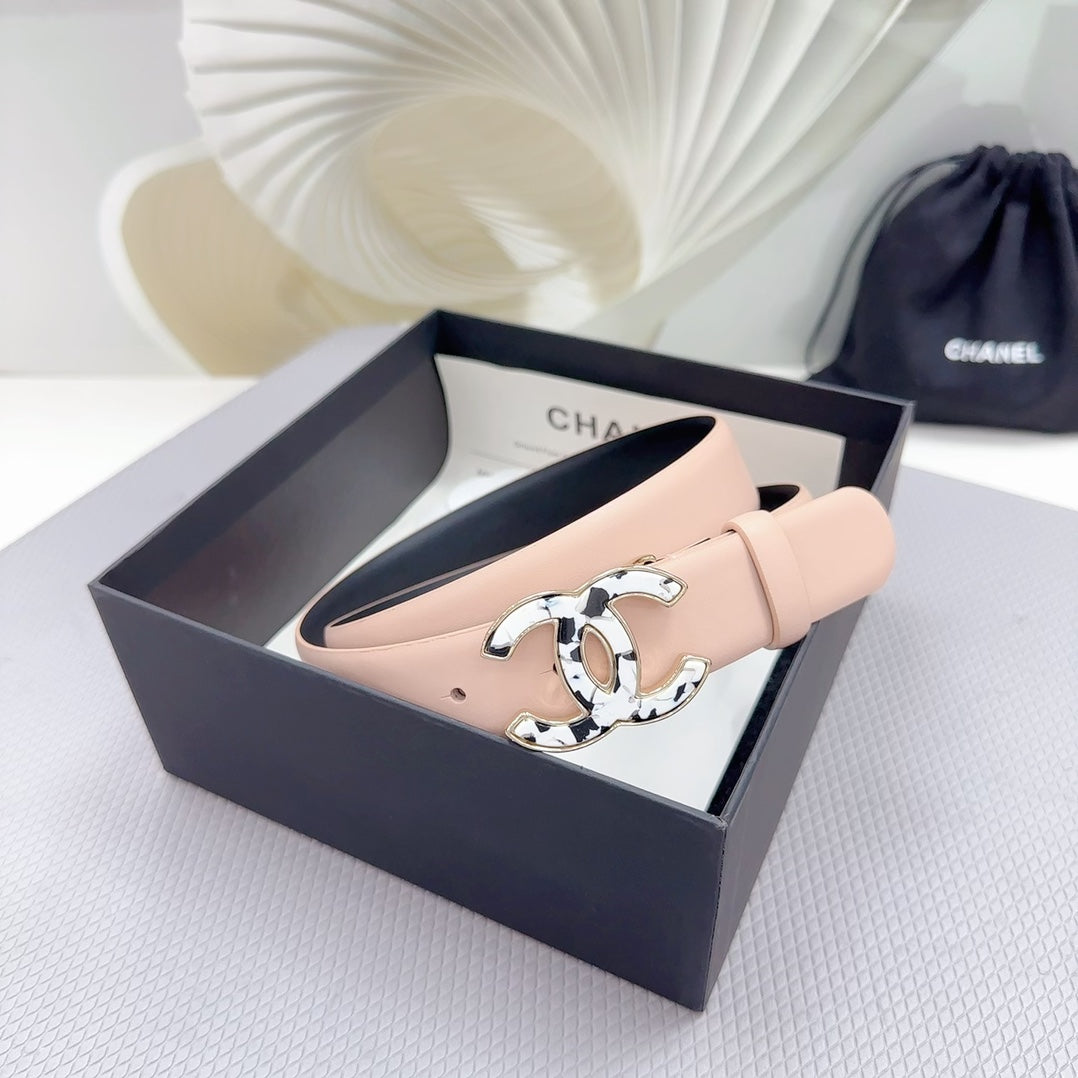 Cc 30Mm Belt In Baby Pink Shinny Calfskin White Logo