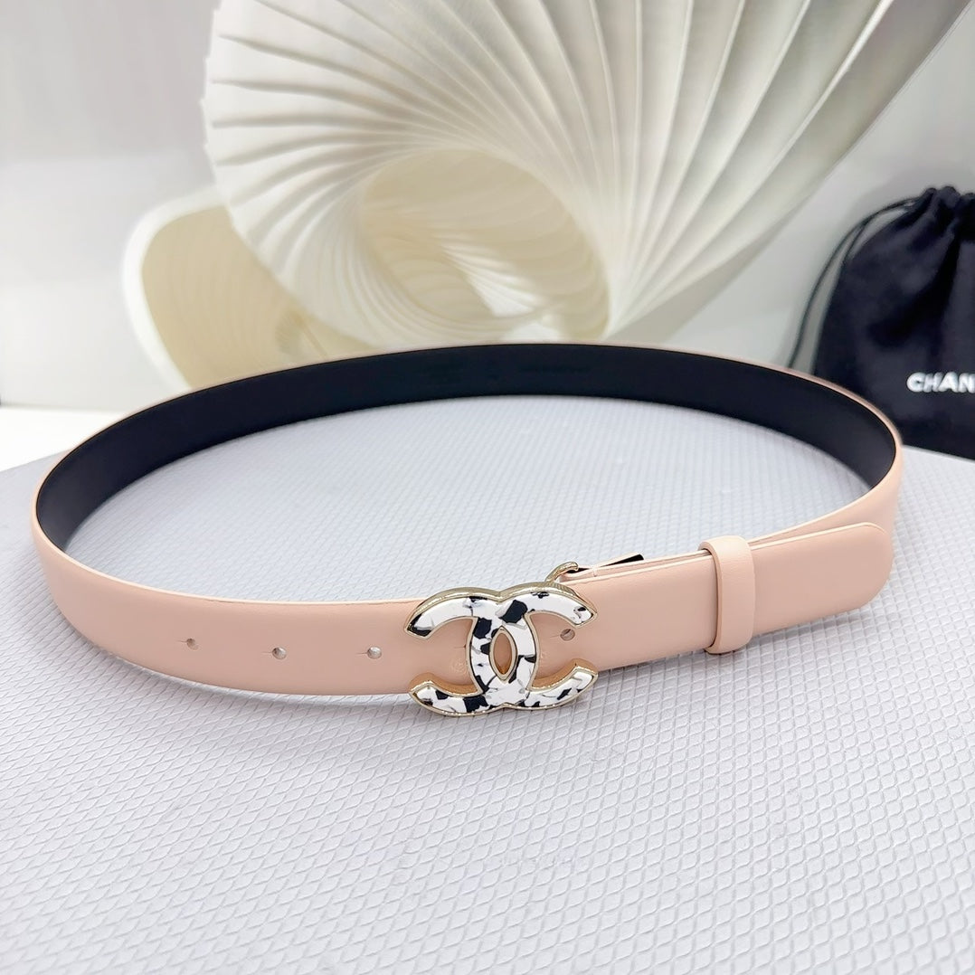 Cc 30Mm Belt In Baby Pink Shinny Calfskin White Logo