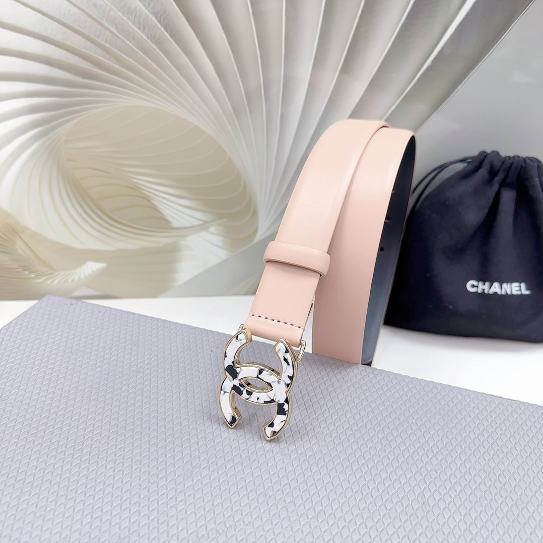 Cc 30Mm Belt In Baby Pink Shinny Calfskin White Logo