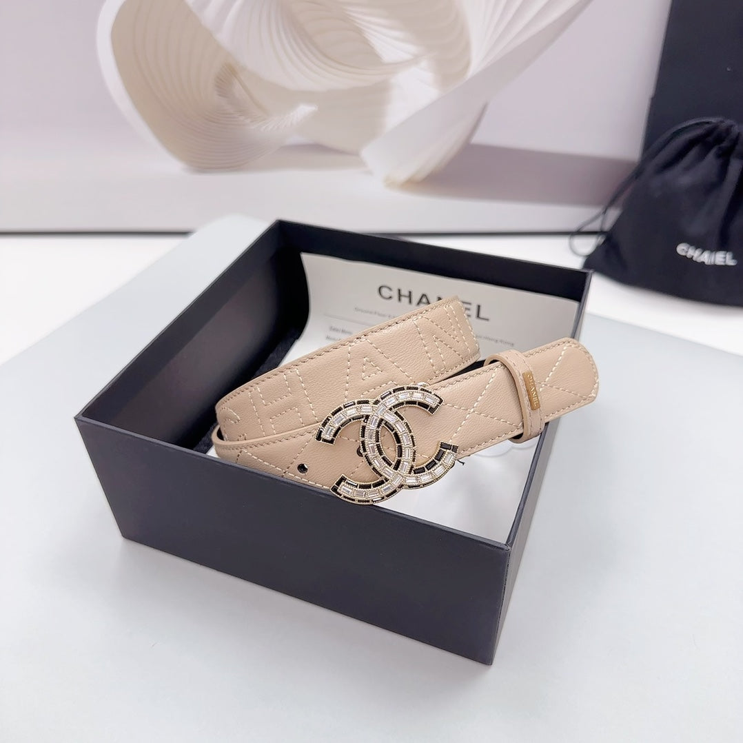 Cc 30Mm Belt In Beige Cream Embroidered Calfskin Metal Hardware