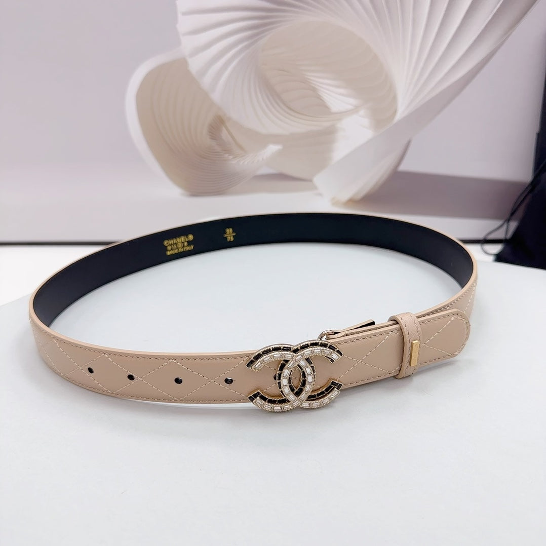 Cc 30Mm Belt In Beige Cream Embroidered Calfskin Metal Hardware