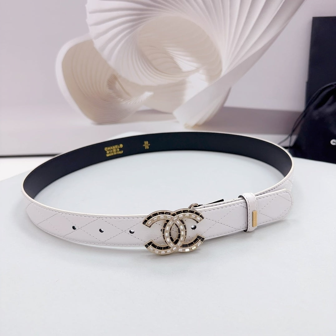 Cc 30Mm Belt In White Embroidered Calfskin Metal Hardware