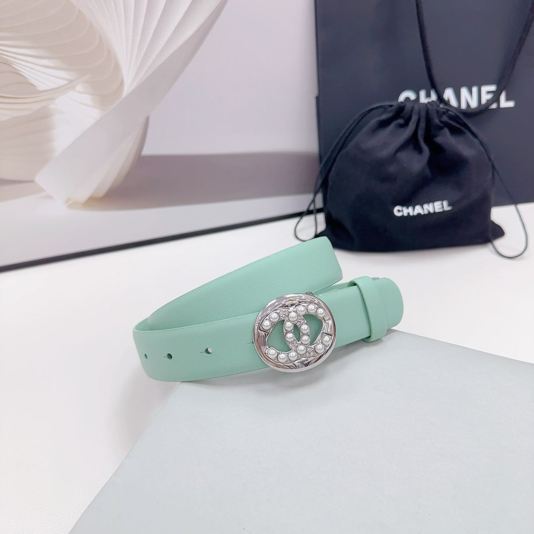 Cc 30Mm Belt In Green Mint Calfskin Silver Hardware Attach Pearls