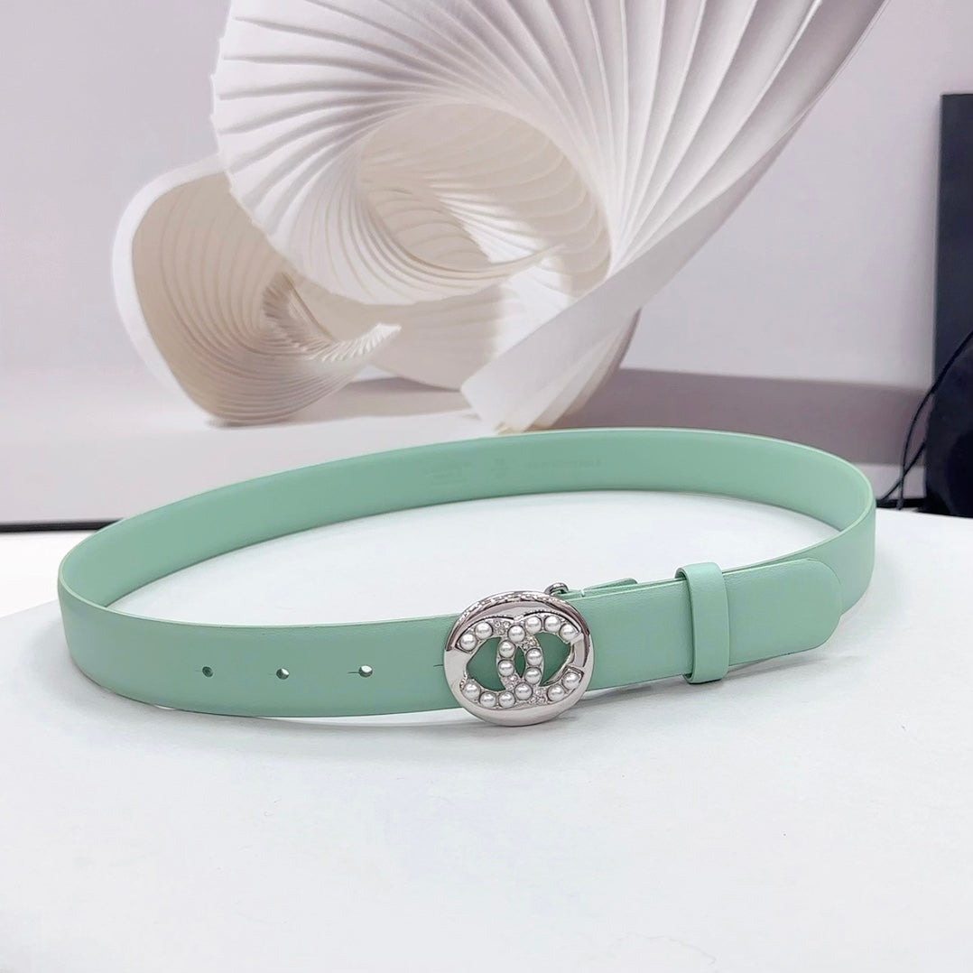 Cc 30Mm Belt In Green Mint Calfskin Silver Hardware Attach Pearls