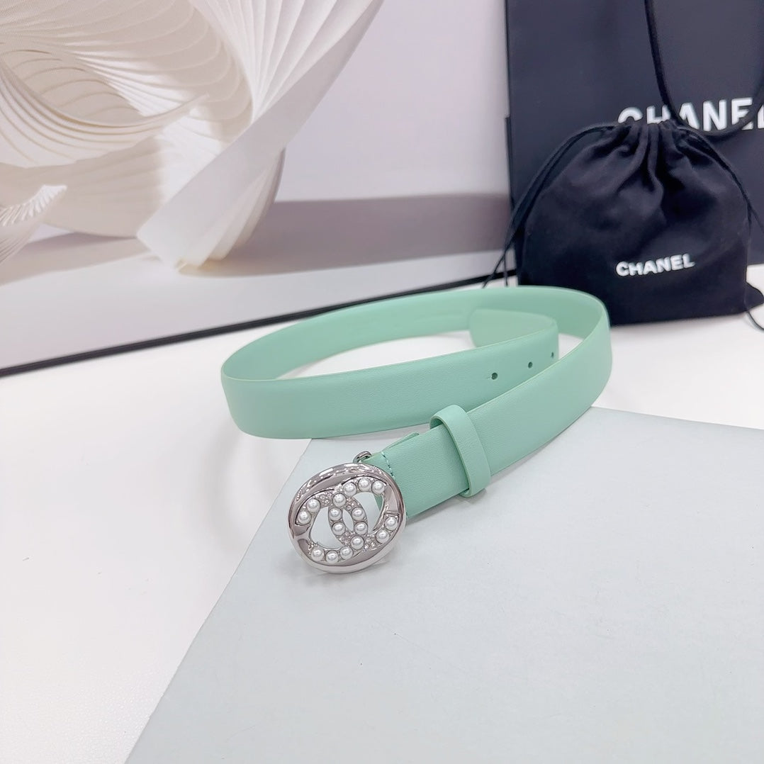 Cc 30Mm Belt In Green Mint Calfskin Silver Hardware Attach Pearls