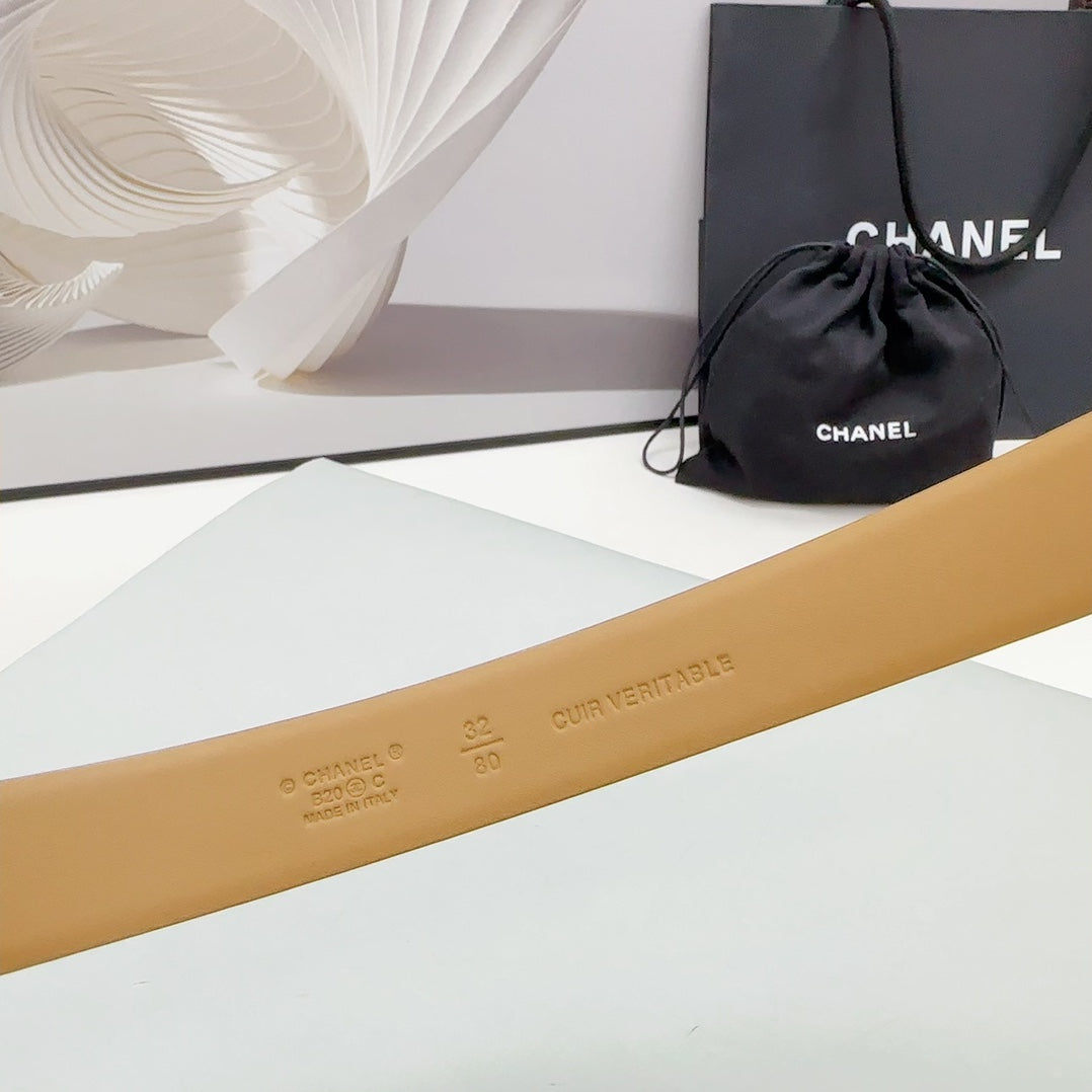 Cc 30Mm Belt In Camel Beige Calfskin Silver Hardware Attach Pearls