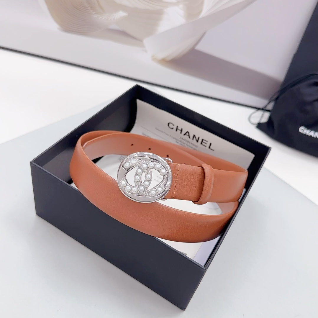 Cc 30Mm Belt In Alloy Orange Calfskin Silver Hardware Attach Pearls