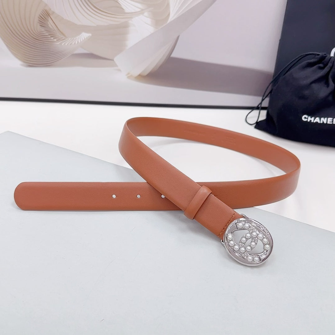 Cc 30Mm Belt In Alloy Orange Calfskin Silver Hardware Attach Pearls