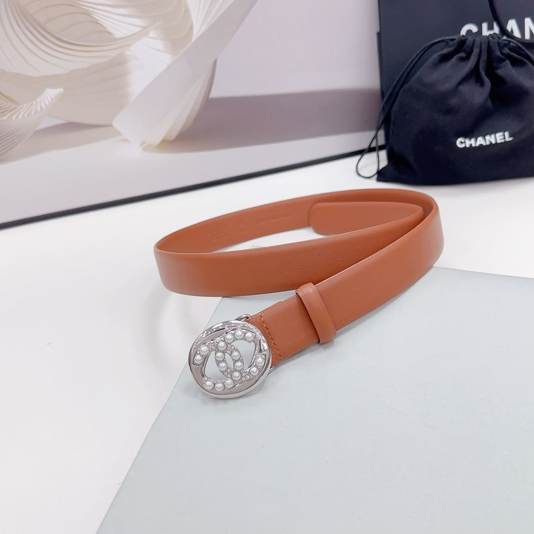 Cc 30Mm Belt In Alloy Orange Calfskin Silver Hardware Attach Pearls