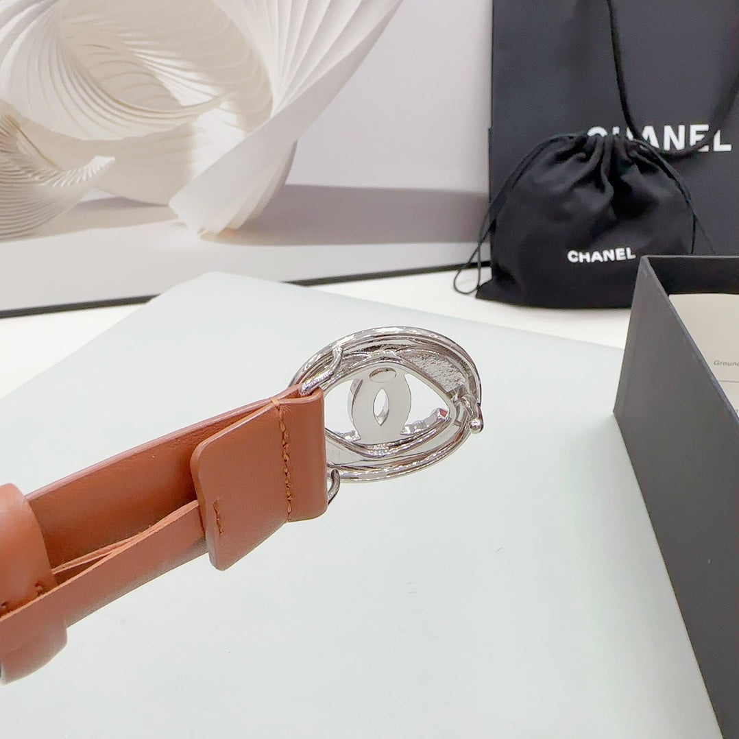 Cc 30Mm Belt In Alloy Orange Calfskin Silver Hardware Attach Pearls