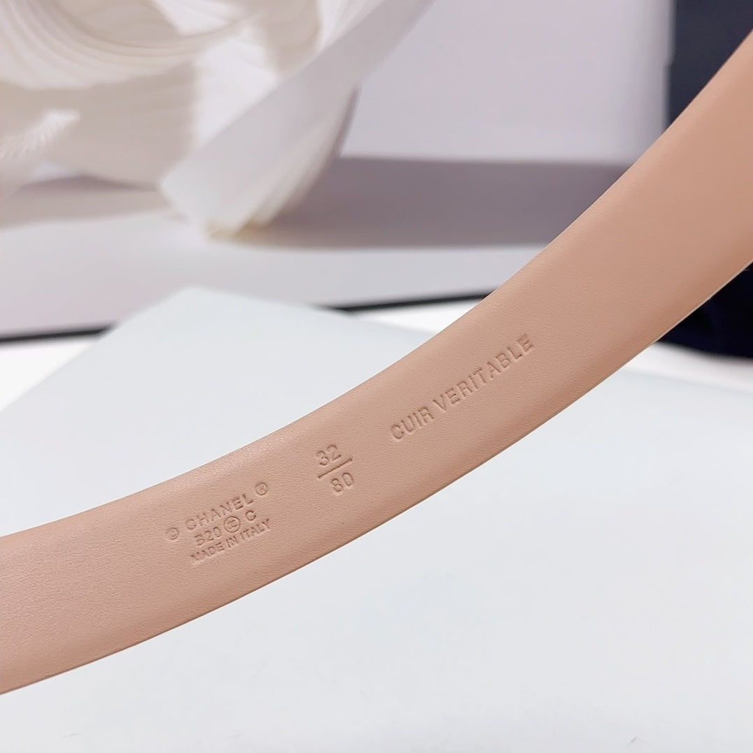 Cc 30Mm Belt In Desert Sand Calfskin Silver Hardware Attach Pearls