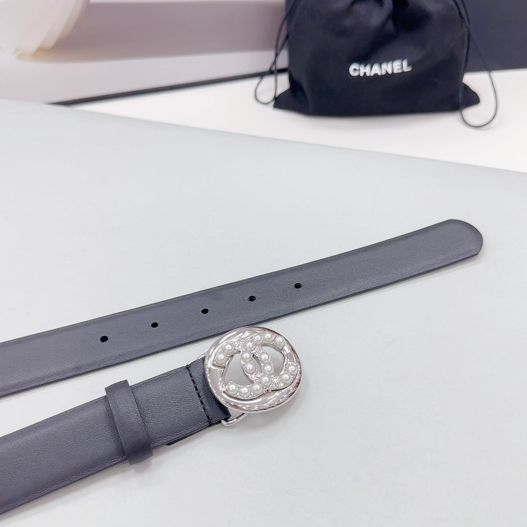 Cc 30Mm Belt In Black Calfskin Silver Hardware Attach Pearls