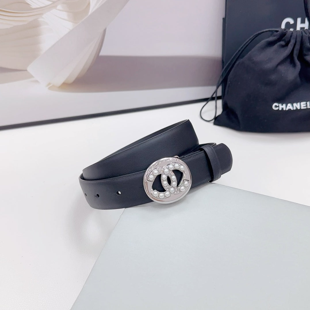 Cc 30Mm Belt In Black Calfskin Silver Hardware Attach Pearls